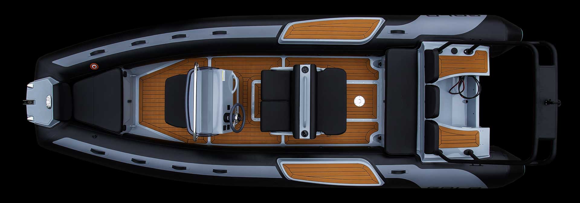 Top view of a Gala Viking aluminum rigid inflatable boat RIB, black tube option with seadeck.